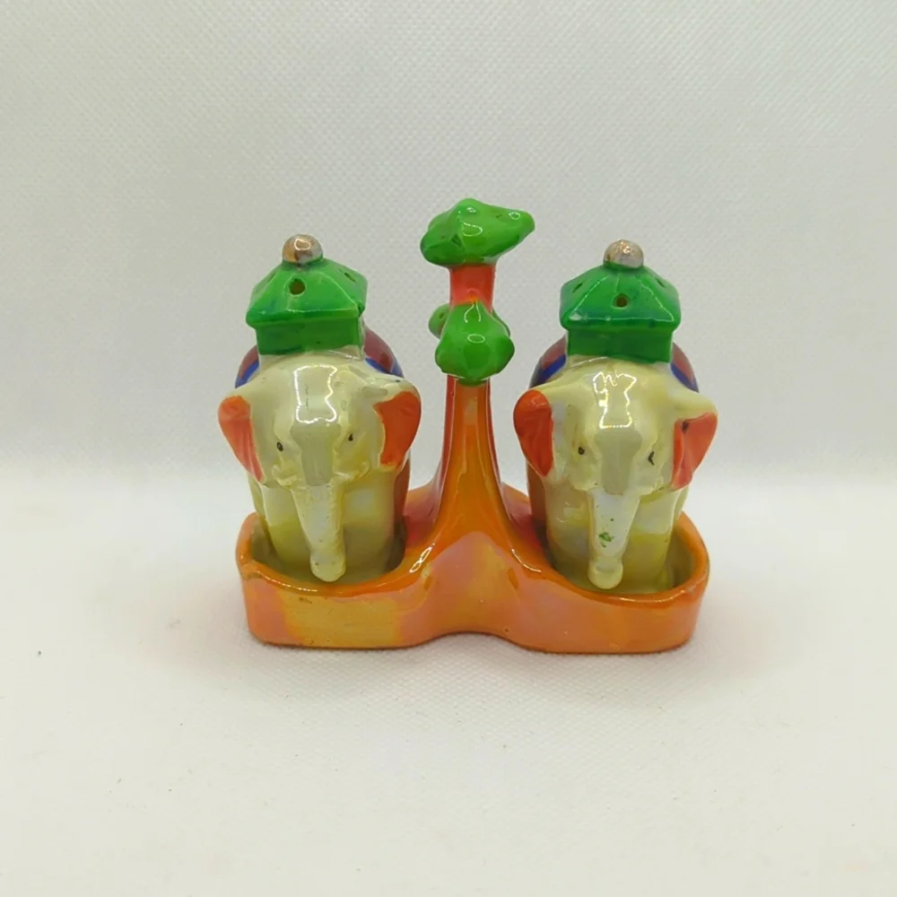 Lusterware Elephant salt and pepper shakers with stand - Vintage